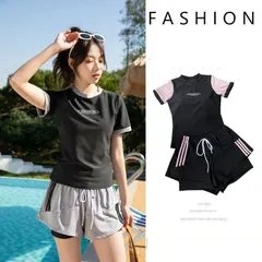 【一部即納】2点セット 水着 未使用 レディース セパレート 体型カバー フィットネス水着 ママ水着 胸パッド付きおしゃれ ママ水着 タンキニ フィットネス水着 セパレート かわいい ラッシュガード 女性用 小胸 盛れる 黒 スクール水着 ヨガ水着 1207