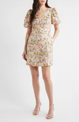 エリザジェイ レディース トップス ワンピース 刺繍 Eliza J Embroidered Puff Sleeve Cocktail Dress Multi Floral Ivory アイボリー