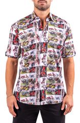 マセオ メンズ トップス シャツ プリント コットン Maceoo Galileo Resistance0340 White Motorcycle Print Short Sleeve Cotton ButtonUp Shirt White ホワイト