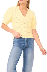 【送料無料】 セセ レディース パーカー・スウェット アウター Open Stitch Puff Sleeve Cardigan Pastel Yellow