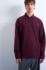 トップマン メンズ トップス ポロシャツ Topman Textured Long Sleeve Polo Burgundy バーガンディのサムネイル