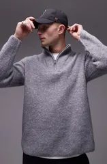 トップマン メンズ アウター パーカー・スウェット ハーフジップ セーター Topman Oversize Half Zip Rib Sweater Grey グレーのサムネイル