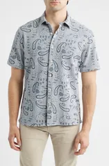 ジョンストンアンドマーフィー メンズ トップス シャツ Johnston Murphy Linden Textured Short Sleeve ButtonUp Shirt Blue Paisley ブルー