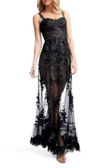 ドレスザポプレーション レディース トップス ワンピース シアー レース Dress the Population Anabel Sheer Lace Bustier Gown Black Beige ブラック