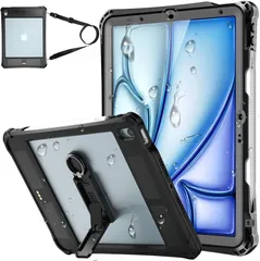 iPad Air ケース 防水 11インチ M4/M3/M2・10.9インチ 第5世代/第4世代 対応 IP68 完全防水 防塵 耐衝撃 ペン収納 保護フィルム一体型 キックスタンド ショルダーストラップ付き お風呂・キッチン・作業現場向け