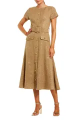 【送料無料】 マックダガル レディース ワンピース トップス Boucle Cap Sleeve High Neck Button Up Midi Dress Toffee