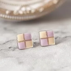 パープル ホワイト キラキラ ゴールド チェック スクエア ピアス 白 紫 シンプル おしゃれ 四角【665】