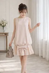 【極美品】DASYLIN FOR FOXEY/デイジーリン for フォクシー リボン ノースリーブ ワンピース ドレス 38 ピンクベージュ