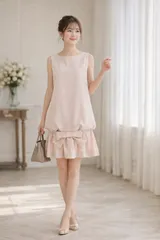 【極美品】DAISY LIN for FOXEY デイジーリンフォーフォクシー38 ピンクベージュ リボン ノースリーブ ワンピース ドレス 上品 美シルエット お呼ばれ セレモニー エレガント 人気商品 フェミニン