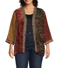 ジョン マーク レディース アウター コート プラスサイズ John Mark Plus Size Mix Burnout Rhinestone Detail Open Front 34 Sleeve Kimono Multi マルチカラー