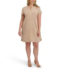 ケンジー レディース トップス ワンピース プラスサイズ スエード Kensie Plus Size Stretch Suede Short Sleeve Zip Front Sheath Dress Sand サンド