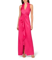 アイダンマットックス レディース トップス ワンピース Vネック フリル サテン Aidan Mattox Satin VNeck Twist Front with Cascading Ruffle Gown Hot Pink ピンク