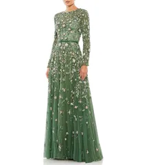 マックダガル レディース トップス ワンピース シフォン クルーネック フラワー柄 プリーツ フラワー Mac Duggal Floral Beaded Crew Neck Long Sleeve Pleated Chiffon Gown Sage セージ