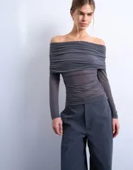 トップショップ レディース トップス Tシャツ メッシュ Topshop mesh off the shoulder fold over long sleeve top Gray グレー