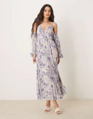 エイソス レディース トップス ワンピース フラワー柄 プリーツ プリント フラワー ASOS DESIGN plunge off the shoulder pleated midaxi dress in floral print Floral