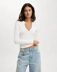 コットンオン レディース トップス Tシャツ Cotton Ryan henley long sleeve Tshirt WHITE ホワイト