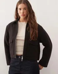 モンキ レディース アウター コート ウール ジャケット Monki wool look short collared jacket in chocolate Chocolate Brown ブラウンのサムネイル