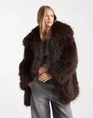エイソス レディース アウター コート ASOS DESIGN faux fur feather coat in chocolate Brown ブラウン