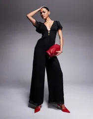 エイソス レディース トップス ジャンプスーツ ワイドレッグ ギャザー ASOS DESIGN flutter sleeve ruched wide leg jumpsuit Black ブラック