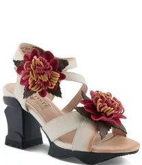 ラリティステ レディース シューズ サンダル レザー ヒール LARTISTE Hooked Leather Chrysanthemum Ornament Block Heel Sandals Beige Multi ベージュ