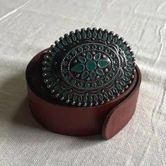 90s　vintage　ヴィンテージ小物　unknown　ターコイズ装飾付きシルバーバックル　重量感　本革　リアルレザーベルト　ブラウン　茶系　レディース　インディアン　Y2K　ウエスタン　平成ギャル　turquoise×silver buckle belt