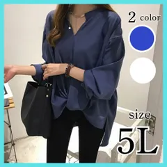 新品 4XL 5L ネイビー 大きいサイズ ブラウス シャツ Vネック デザイン