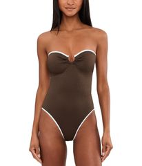 Seafolly Women's Swimsuit Set, Beach Bound Ring Front Bandeau One-Piece, Dark Chocolate