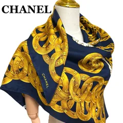 CHANEL　シャネル　ゴールド　チェーン　大判　スカーフ　シルク100％　ネイビー