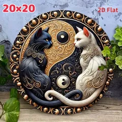 陰陽デザイン 猫ウェルカムボード 2Dアート 20×20cm ブラック＆ホワイト 猫オブジェ 風水 インテリアのサムネイル