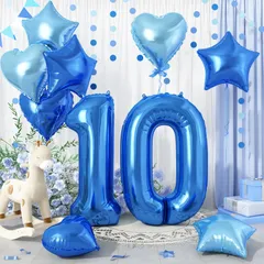 【在庫セール】誕生日 バルーン 風船セット 飾り付け 10歳 大きい数字 ナンバー10 ハート 星 スター アルミ風船 10個セット バースデー 飾り 記念日 お祝い パーティー 女の子 男の子 ブルー