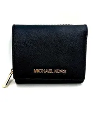 【亘】美品 MICHAEL KORS マイケルコース 三つ折り財布 レザー ブラック ゴールド金具 コンパクトウォレット【8266AM】F08