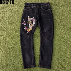 刺繍 Crane デニム ズボン ブラック ヴィンテージ 28