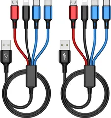 usb 充電ケーブル 4in1 (デュアルUSB C 2本入) 携帯電話、タブレット、イヤホン、その他のデバイスを充電するためのマルチ充電ケーブル (非急速充電) ナイロン編組 3in1 USB ケーブル