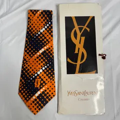 【訳あり】Yves Saint Laurent イヴサンローラン ネクタイ シルク 絹 オレンジ ネイビー ドット柄 YSLロゴ 総柄 箱付き 未使用品？ ループほつれ 外装破れ ダメージあり ビンテージ レトロ メンズ スーツ ビジネス フォーマル