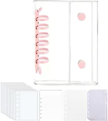 シール帳 a7 シール帳 バインダー 透明 【リフィル×10枚 メモ用紙×30枚 チャック付きポケット×1枚 下敷き×1枚】プリ帳 リフィル セット 女の子 クリアバインダー 手帳 6穴PPシート カードポケット付き (A7-ピンク)