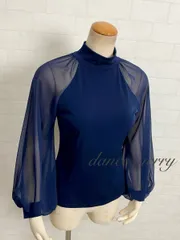 Mサイズ　新品　社交ダンス　トップス　紺　2035　上品　シフォン　長袖　パーティ　ハイネック　バルーン袖