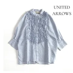 UNITED ARROWS フリルブラウス ストライプ シアー 五分袖バンドカラー ゆったり 春夏 ユナイテッドアローズ
