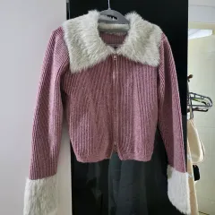 ピンク ファー カラ ジップアップ カーディガン
