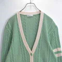 90s〜 Arnold Palmer アーノルドパーマー コットン ケーブル編み ライン 切替 デザイン ニット カーディガン ミントグリーン ジャパンヴィンテージ ビンテージ 古着 レディースMサイズ