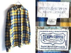 DENIM&SUPPLY RALPH LAUREN デニム&サプライ ラルフローレン 猫目ボタン マチ付 チェックシャツ S ネイビー ブルー イエロー