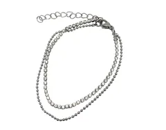 ブレスレット レディース 人気 シルバーカラー 重ね付け 二連チェーン CZダイヤ ボールチェーン ステンレス 細め 上品 お洒落 アクセサリー (19cm +5cm) [19cm +5cm]