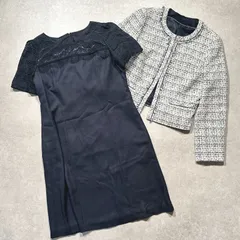極美品 東京イギン CROULE BARBE クルールバルブ セレモニースーツ ママスーツ ノーカラー ツイード ジャケット ワンピース レース 2XL XL 15AR 13AR ホワイト ネイビー 白 紺 YYY260301
