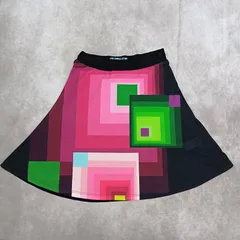 Desigual デシグアル 個性派 スカート ロゴ刺繍 幾何学模様 スクエア ブラック マルチカラー Mサイズ ひざ上丈 ウエストゴム【0323】のサムネイル