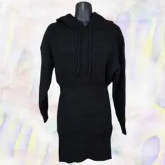 DURAS　デュラス　ワンピース　ブラック　レディース　ニット　フード　タイトミニ丈　リブ　長袖　ドロップショルダー　フリーサイズ