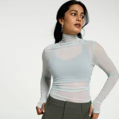 キャリー レディース トップス Tシャツ ドレープ CALIA Womens Draped Funnelong Sleeve Tee Smoked Turquoise スモークのサムネイル