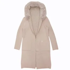 ルネ Rene フォックスファー カシミヤ リバーシブル フーデット ニットコート ダブルフェイス 羽織り 毛皮 ジャケット ロング ベージュ ピンクベージュ系 F 1121