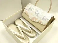 平和屋着物●和装小物　和装バッグ・草履セット　西陣　ハンドバッグ　花柄　金銀糸　マグネット式　正絹　逸品　未使用　AABG0714ay