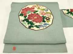平和屋着物●九寸名古屋帯　友禅　作家物　草花文　鬼しぼ縮緬　正絹　逸品　CABE3648dy