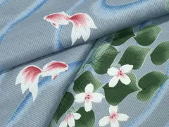 平和屋着物∴夏物　浴衣　縦綿絽　金魚　流水草花文　綿　逸品　CABE8832ng