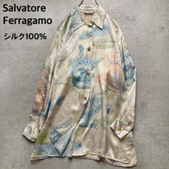 Salvatore Ferragamo サルヴァトーレフェラガモ 最高級 シルクシャツ 絹 サテン とろみ 長袖 ボタニカル柄 アイボリー レディース ゆったり L XL相当 イタリア製 ヴィンテージ 金ボタン 羽織り 日本正規タグあり 良品のサムネイル